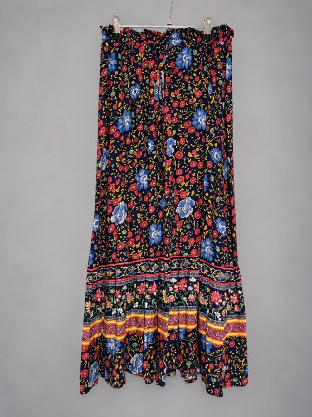 Boho Floral Border Print Maxi Skirt Navy Blue Elastic Waist Size L